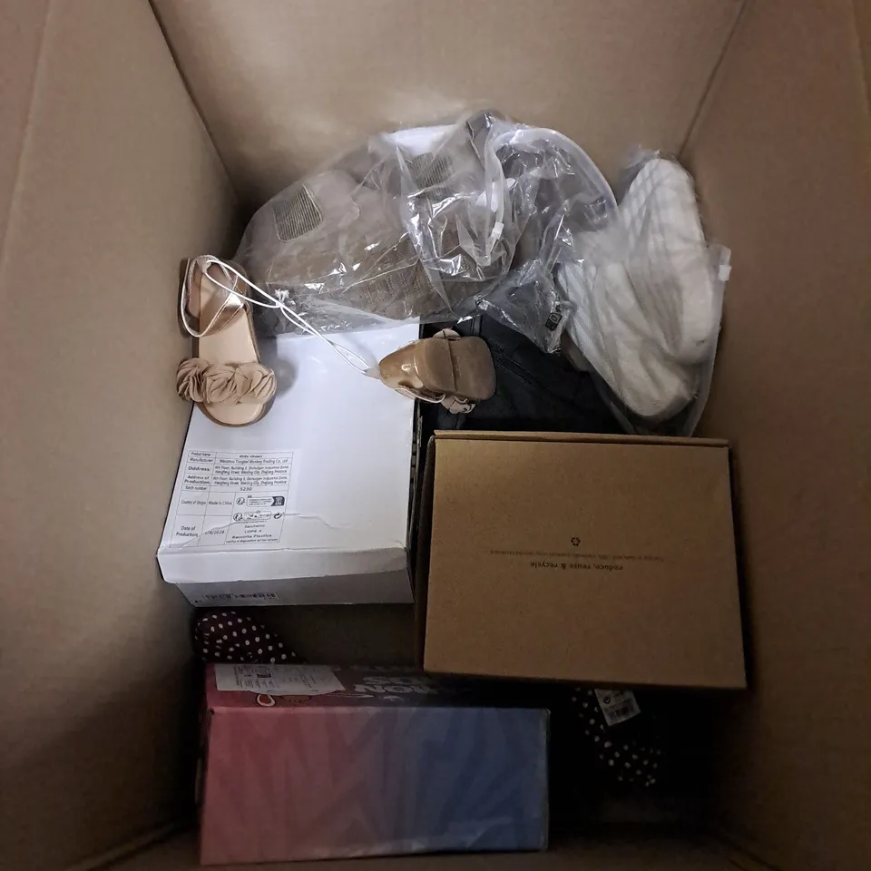 BOX OF APPROXIMATELY 10 PAIRS OF ASSORTED SHOES IN VARIOUS COLOUR, STYLES AND SIZES