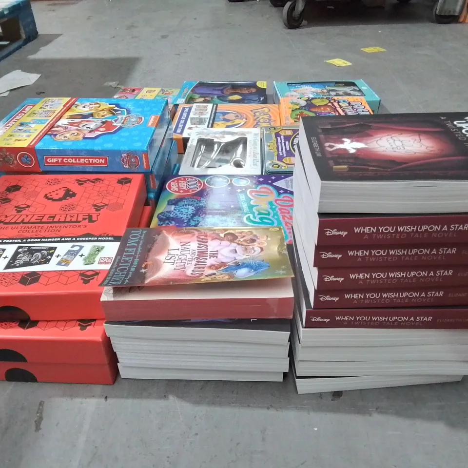 LOT OF APPROXIMATELY 35 ASSORTED BOOKSAND GAMES TO INCLUDE DISNEY BOOKS, PUB QUIZ GAMES, PAW PATROL GIFT COLLECTIONS AND WISH MY BUSY BOOK
