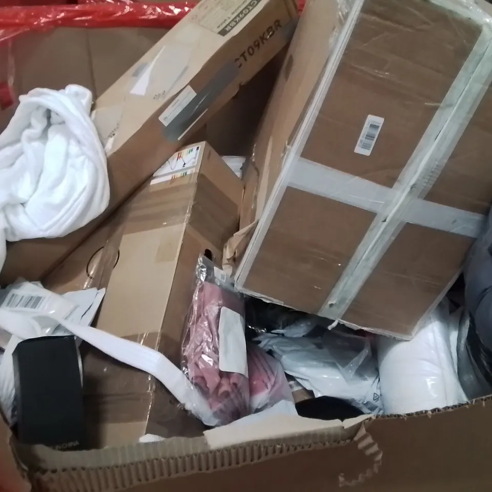 PALLET OF ASSORTED HOUSEHOLD GOODS AND PRODUCTS TO INCLUDE;BATHROBE,CONSOLE TABLE,CLOTHING ITEMS AND ACCESSORIES