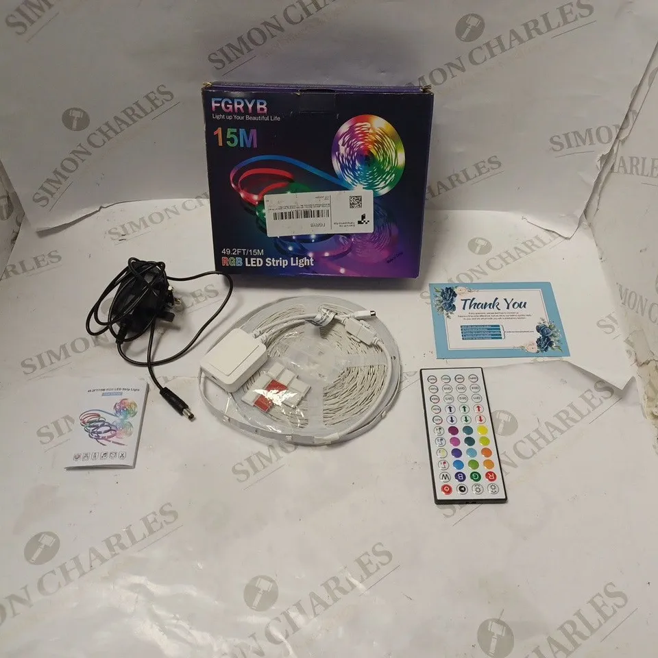 BOXED FGRYB 15M/49.2FT RGB LED STRIP LIGHT WITH POWER SUPPLY, REMOTE CONTROL AND USER MANUAL