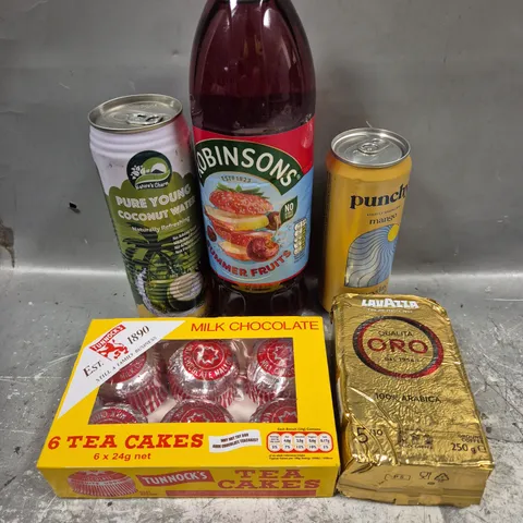 APPROXIMATELY 10 ASSORTED FOOD/DRINK PRODUCTS TO INCLUDE TEA CAKES, LAVAZZA COFFEE, PUNCHY MANGO ETC