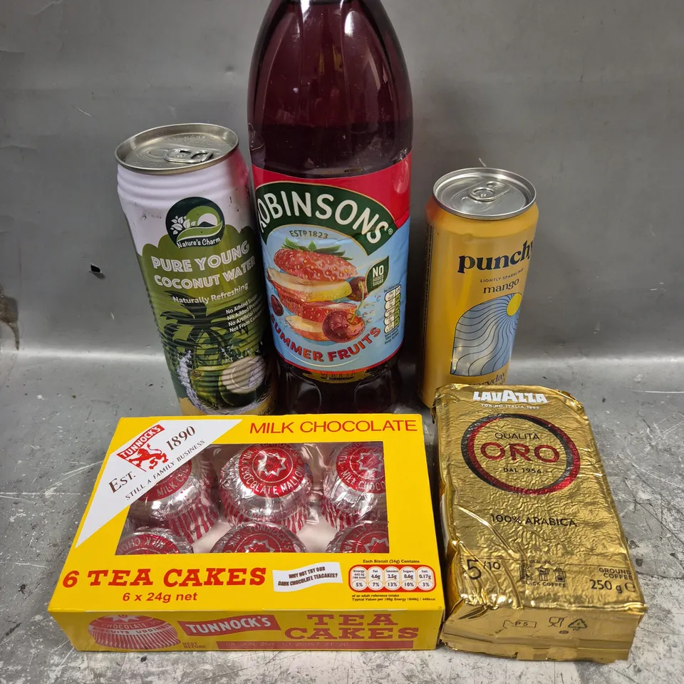 APPROXIMATELY 10 ASSORTED FOOD/DRINK PRODUCTS TO INCLUDE TEA CAKES, LAVAZZA COFFEE, PUNCHY MANGO ETC 