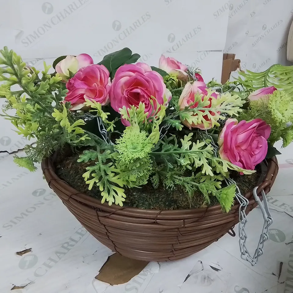 FAUX PINK ROSE HANGING BASKET