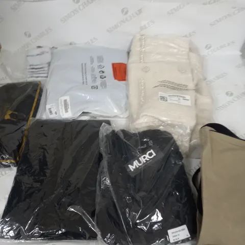 LARGE BOX OF ASSORTED CLOTHING ITEMS IN VARIOUS COLOURS AND SIZES INCLUDING TROUSERS , TOPS AND JUMPERS