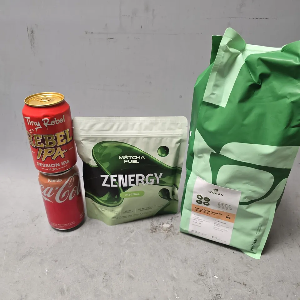 APPROXIMATELY 10 ASSORTED FOOD & DRINK ITEMS TO INCLUDE - COCO COLA VANILLA , MATCHA FUEL ZENERGY , WOGAN PAPUA NEW GUINEA ETC