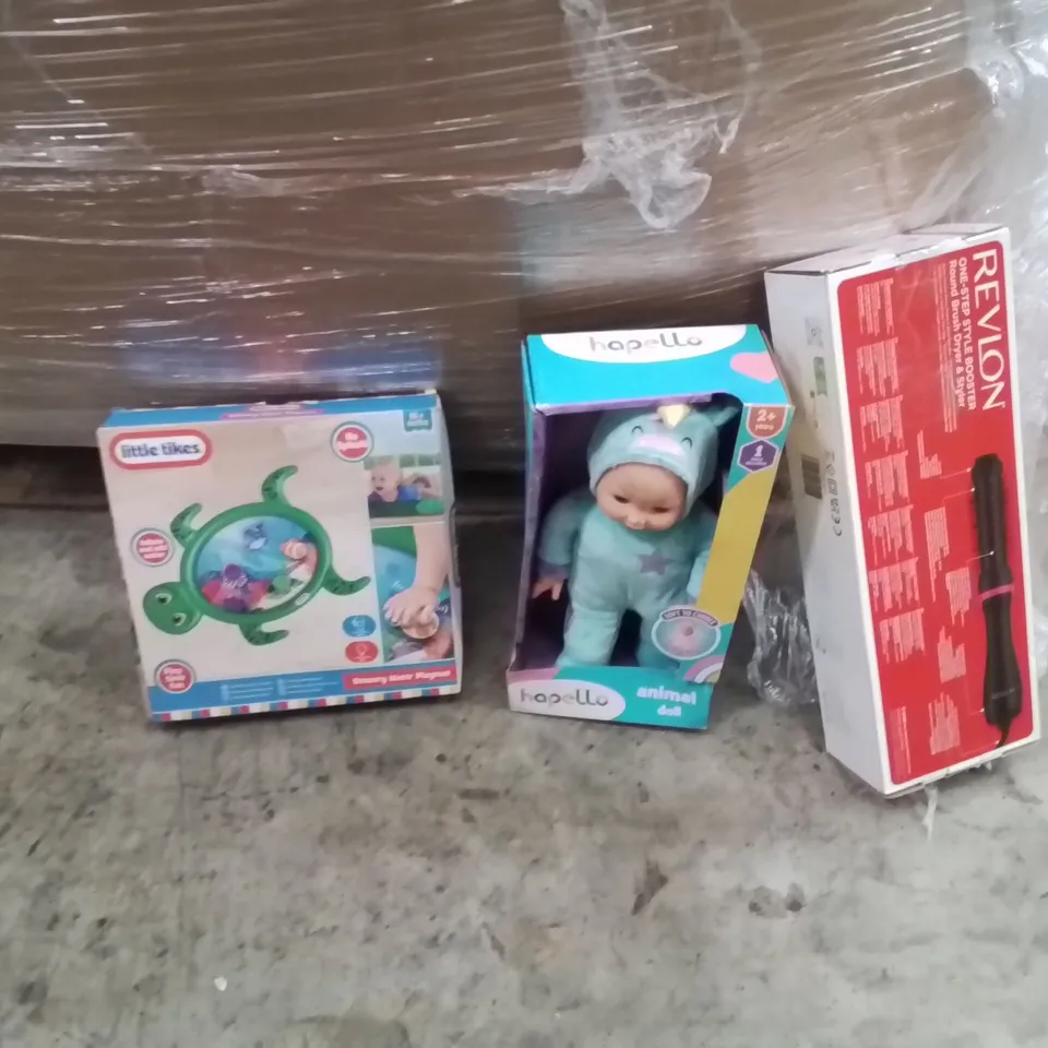 PALLET OF ASSORTED HOUSEHOLD GOODS AND PRODUCTS TO INCLUDE;ANIMAL DOLL,HAIR DRYER,INFLATABLE BABY POOL