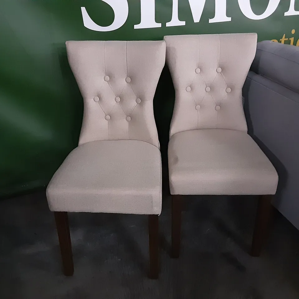 DESIGNER PAIR OF BEIGE FABRIC DINING CHAIRS