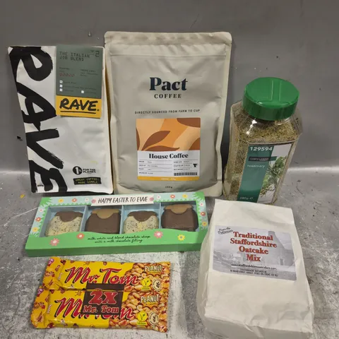 APPROXIMATELY 10 ASSORTED FOOD/DRINK PRODUCTS TO INCLUDE PACT COFFEE, ROSEMARY, OATCAKE MIX ETC