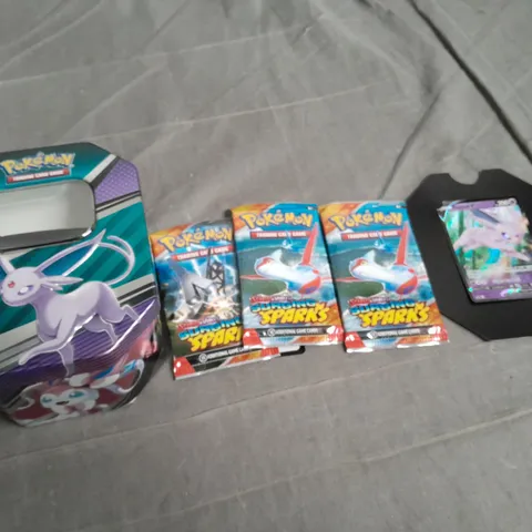 POKEMON ESPEON TRADING CARD TIN WITH ESPEON CARD AND 3 UNSEALED PACKS 