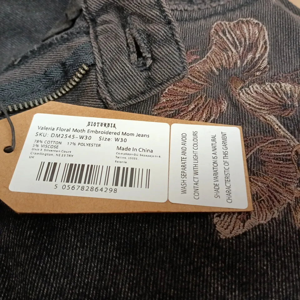 DISTURBIA VALERIA FLORAL MOTH EMBROIDED MOM JEANS W30 TAGGED