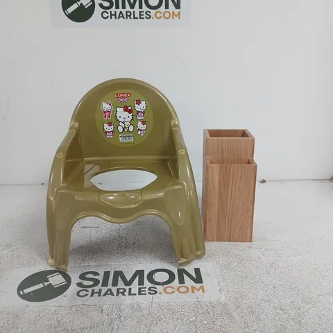 CAGE TO CONTAIN APPROXIMATELY 25 ASSORTED HOUSEHOLD ITEMS TO INCLUDE LUNEX HELLO KITTY BABY POTTY SEAT, KNIFE BLOCK ETC