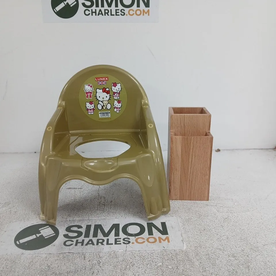 CAGE TO CONTAIN APPROXIMATELY 25 ASSORTED HOUSEHOLD ITEMS TO INCLUDE LUNEX HELLO KITTY BABY POTTY SEAT, KNIFE BLOCK ETC