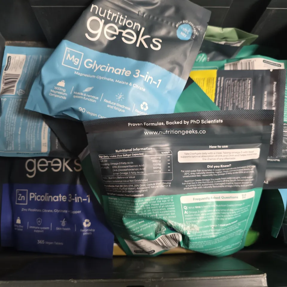 APPROXIMATELY 15 NUTRITION GEEKS PRODUCTS TO INCLUDE TURMERIC, OMEGA 3, APPLE CIDER VINEGAR+, ETC