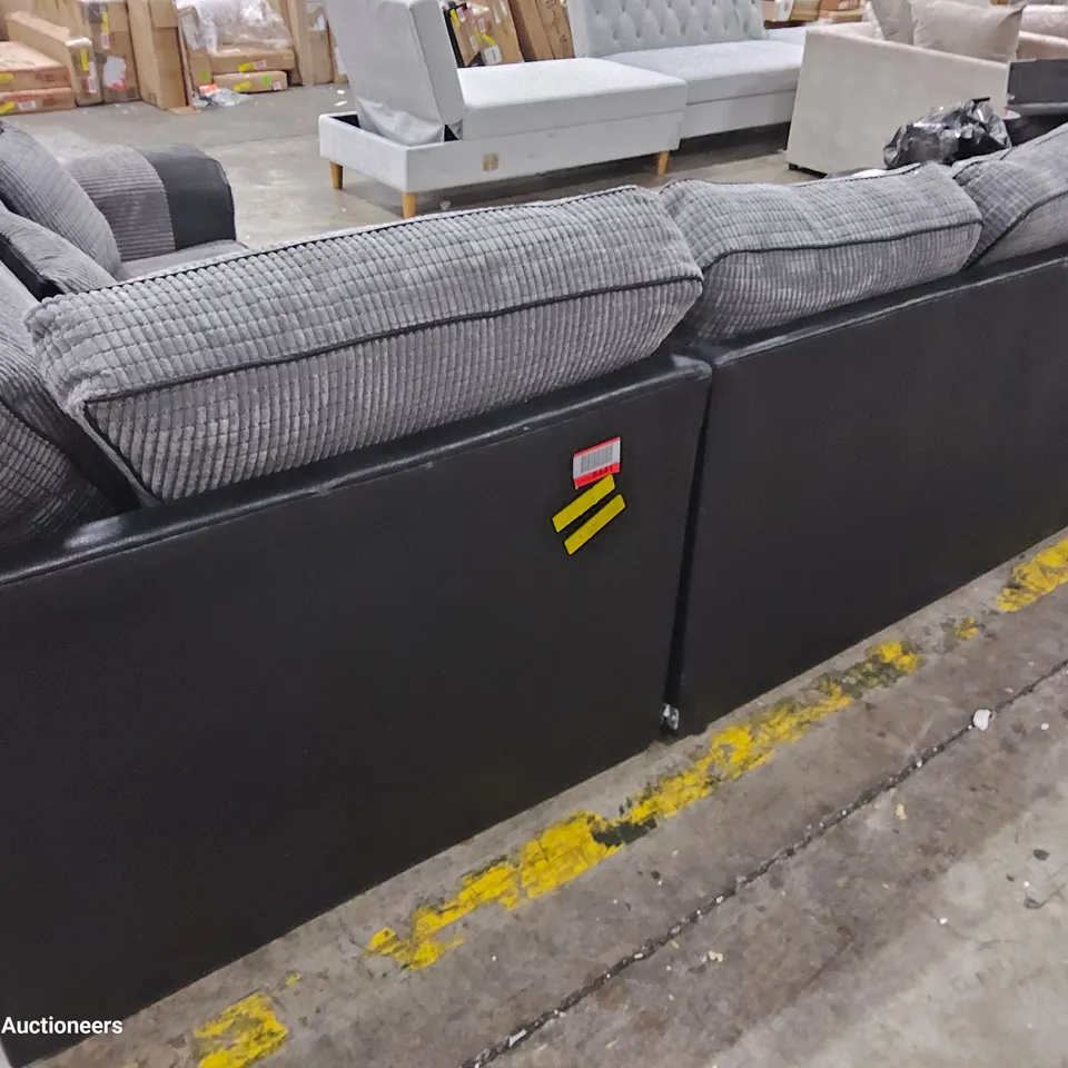 DESIGNER CORNER SOFA BLACK FAUX LEATHER & GREY JUMBO CHORD