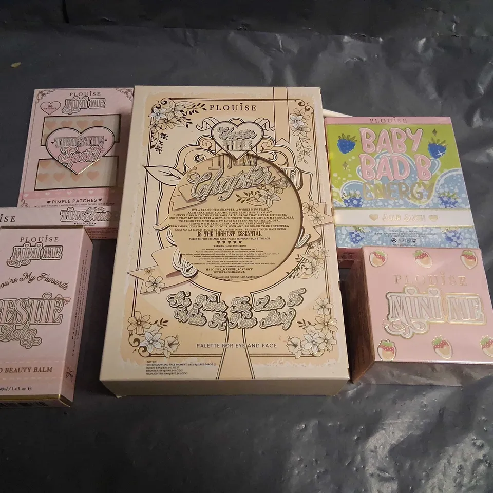 SIX ASSORTED PLOUISE BEAUTY PRODUCTS TO INCLUDE; BABY BAD B ENERGY SOUR SLUSH, BEDSLIME MAKEUP REMOVER, CHAPTER 3 PALETTE FOR EYE AND FACE, BESTIE TINTED BEAUTY BALM, TINY TEARS MASCARA AND THATS THE 
