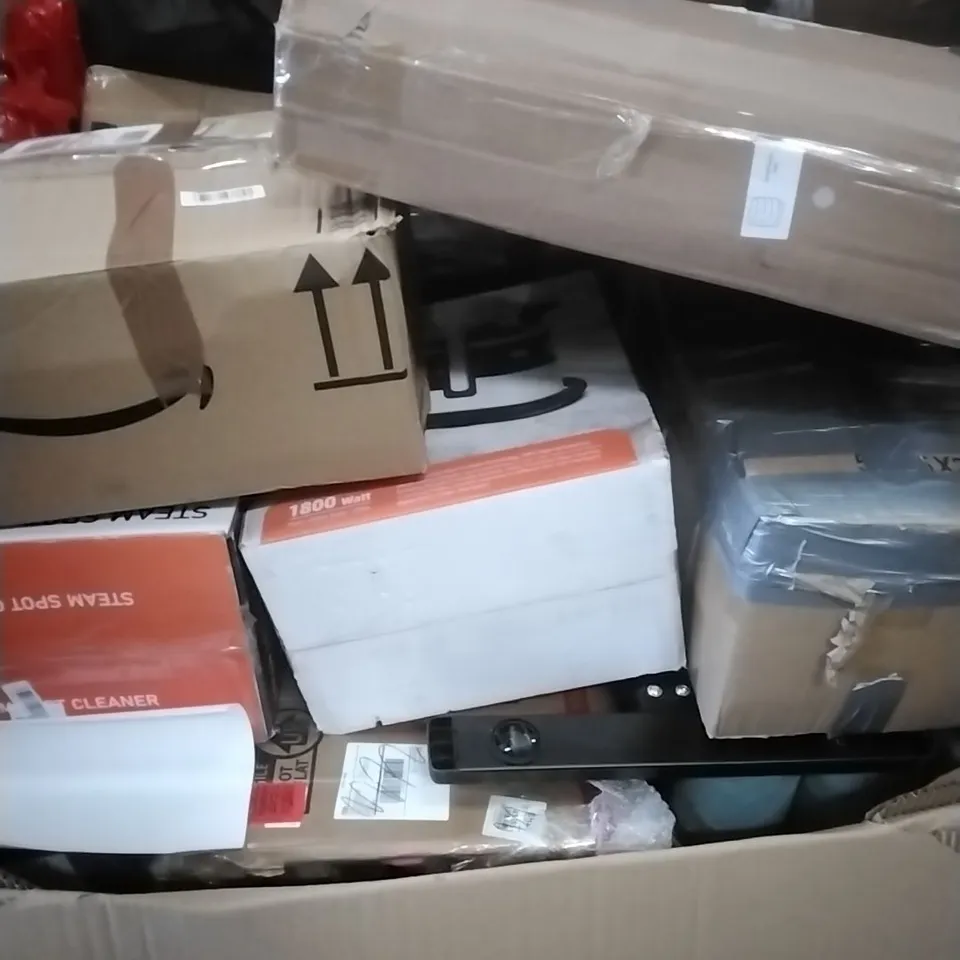 A PALLET CONTAINING ASSORTED HOUSEHOLD GOODS AND PRODUCTS TO INCLUDE; STEAM SPOT CLEANERS, BIKE, BOXED FURNITURE ETC