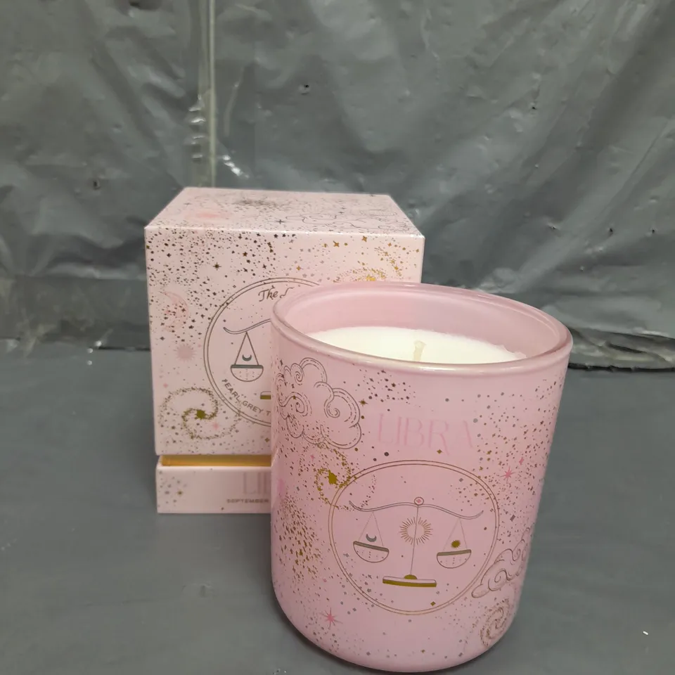 BOXED LIBRA EARL GREY TEA , ROSE , AMBER SCENTED CANDLE 
