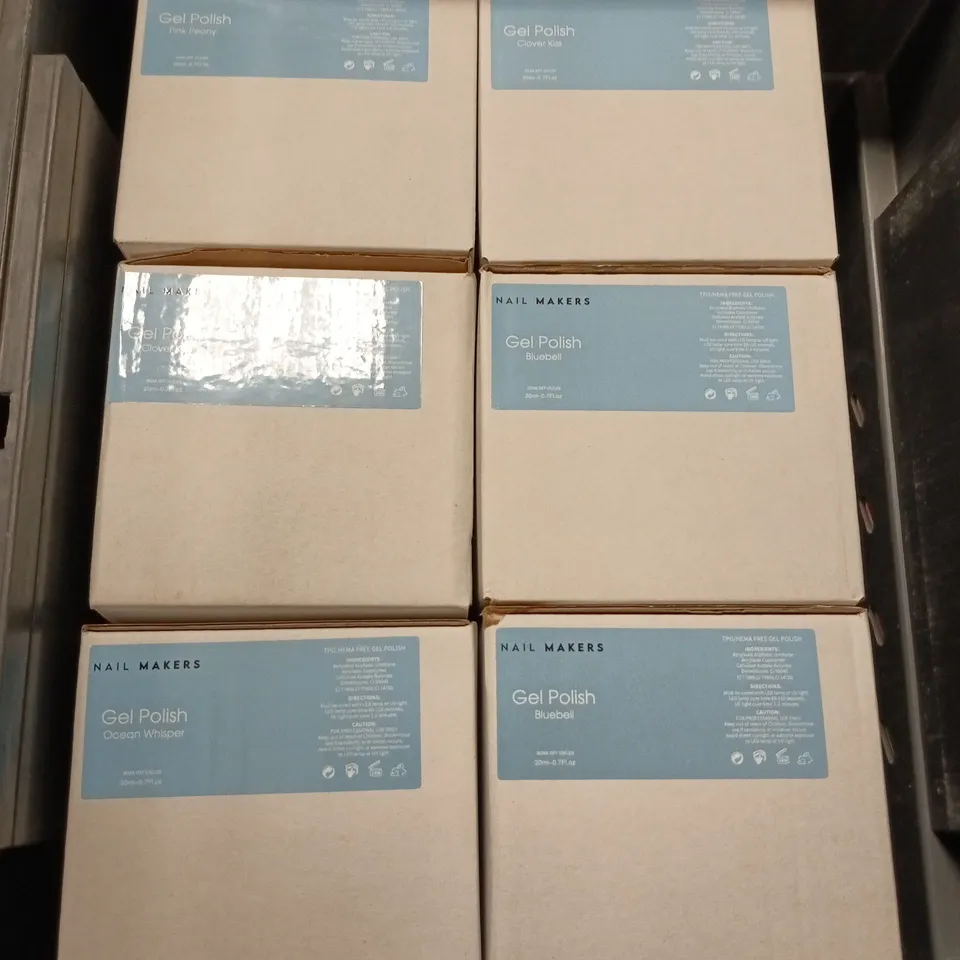 TOTE OF 6 BOXES OF NAIL MAKERS GEL POLISH APPROXIMATELY 6 PER BOX ASSORTED COLOURS