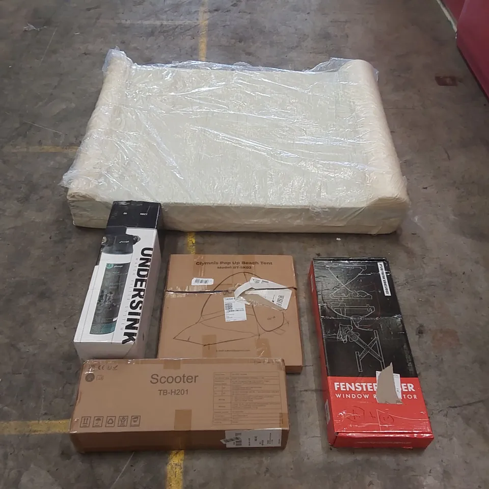 PALLET OF ASSORTED ITEMS INCLUDING: WINDOW REGULATOR, WATER FILTER SYSTEM, SCOOTER, POP UP BEACH TENT, MATTRESS ECT