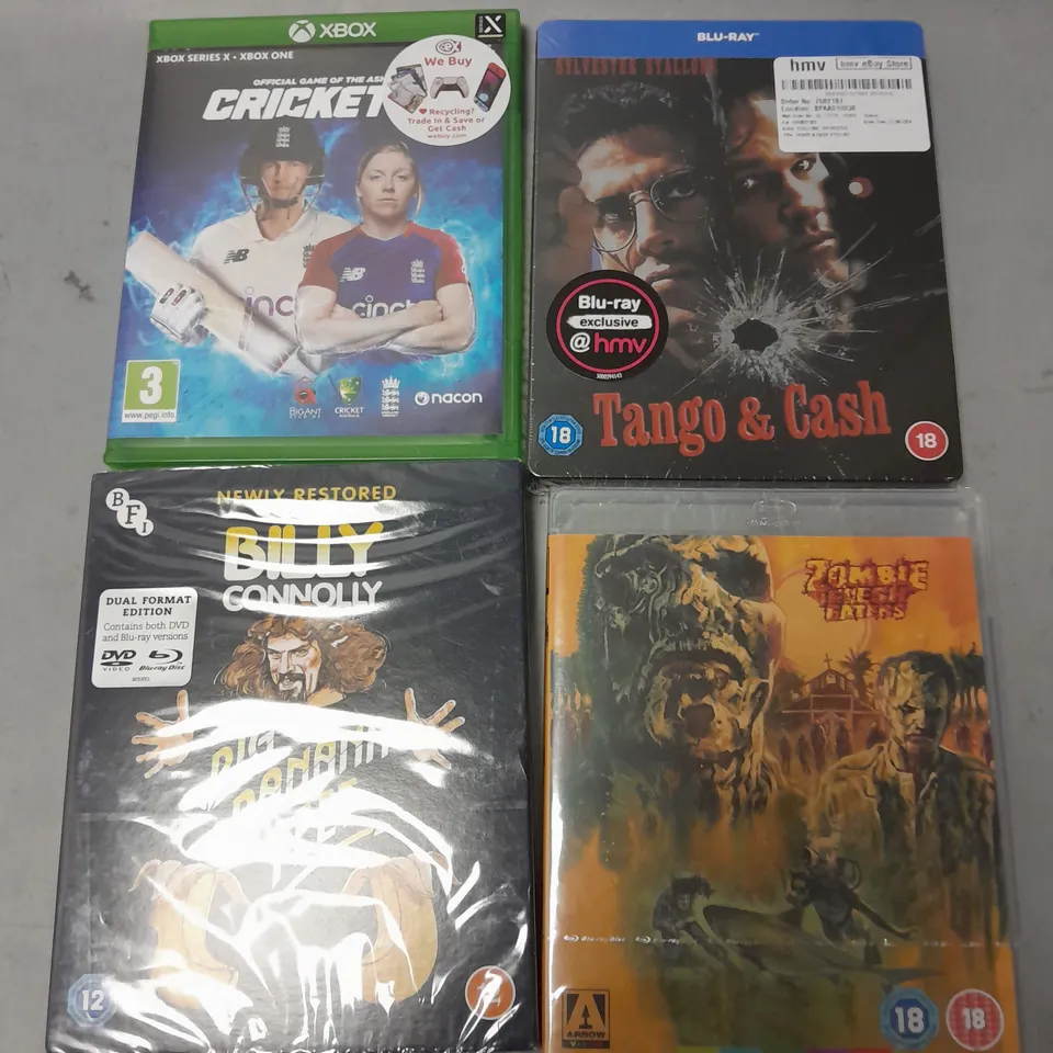 LOT OF 20 ASSORTED MEDIA ITEMS TO INCLUDE APOCALYPTO BLUE RAY, XBOX ONE MOTO RACER 4 AND FIRST BLOOD 