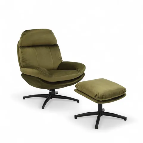 BOXED VELVET SAGE GREEN BRENNA SWIVEL ARMCHAIR WITH FOOTSTOOL