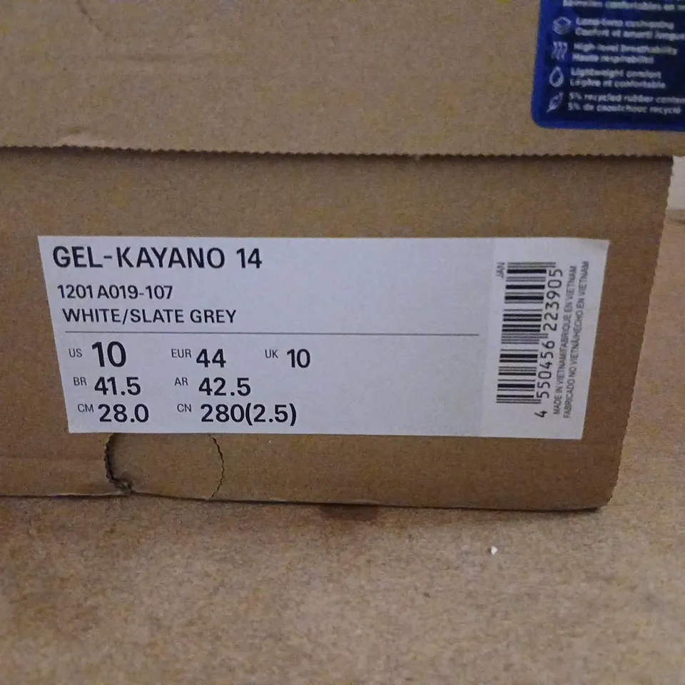 ASICS GEL-KAYANO 14 RUNNING SHOES – WHITE/SLATE GREY, UK 10