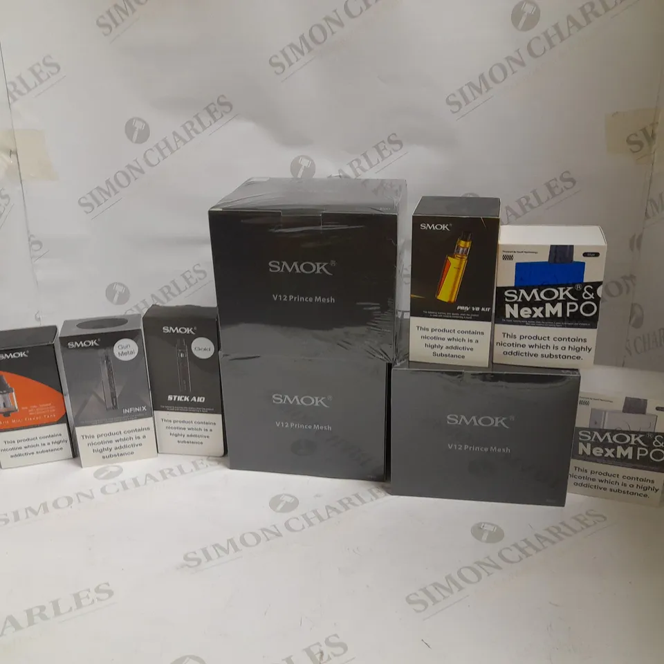 LOT OF APPROXIMATELY 10 E-CIGARETTE RELATED ITEMS TO INCLUDE SMOKE V12 PRINCE MESH, SMOK INFINIX, AND SMOK PRIV V8 KIT ETC.