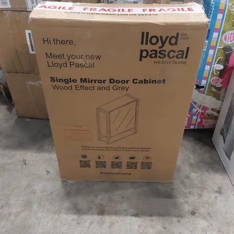 BOXED LLOYD PASCAL SINGLE MIRROR DOOR CABINET - WOOD EFFECT AND GREY (1 BOX)