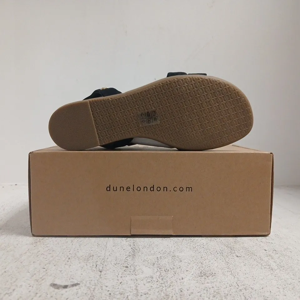 BOXED PAIR OF DUNE LONDON OPEN TOE CROSS STRAP SANDALS IN BLACK SIZE 5