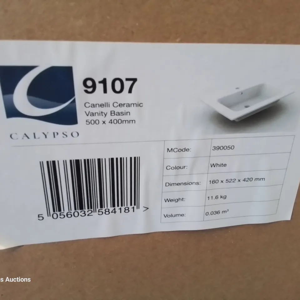 BOXED CANELLI CERAMIC SINGLE TAP VANITY BASIN WHITE 500 × 400mm
