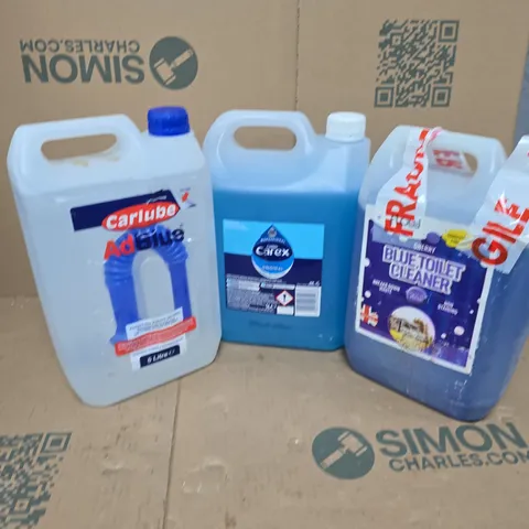 APPROXIMATELY 3 ASSORTED HOUSEHOLD LIQUID PRODUCTS TO INCLUDE BLUE TOILET CLEANER, CUSSONS CAREX, CARLUBE ADBLUE