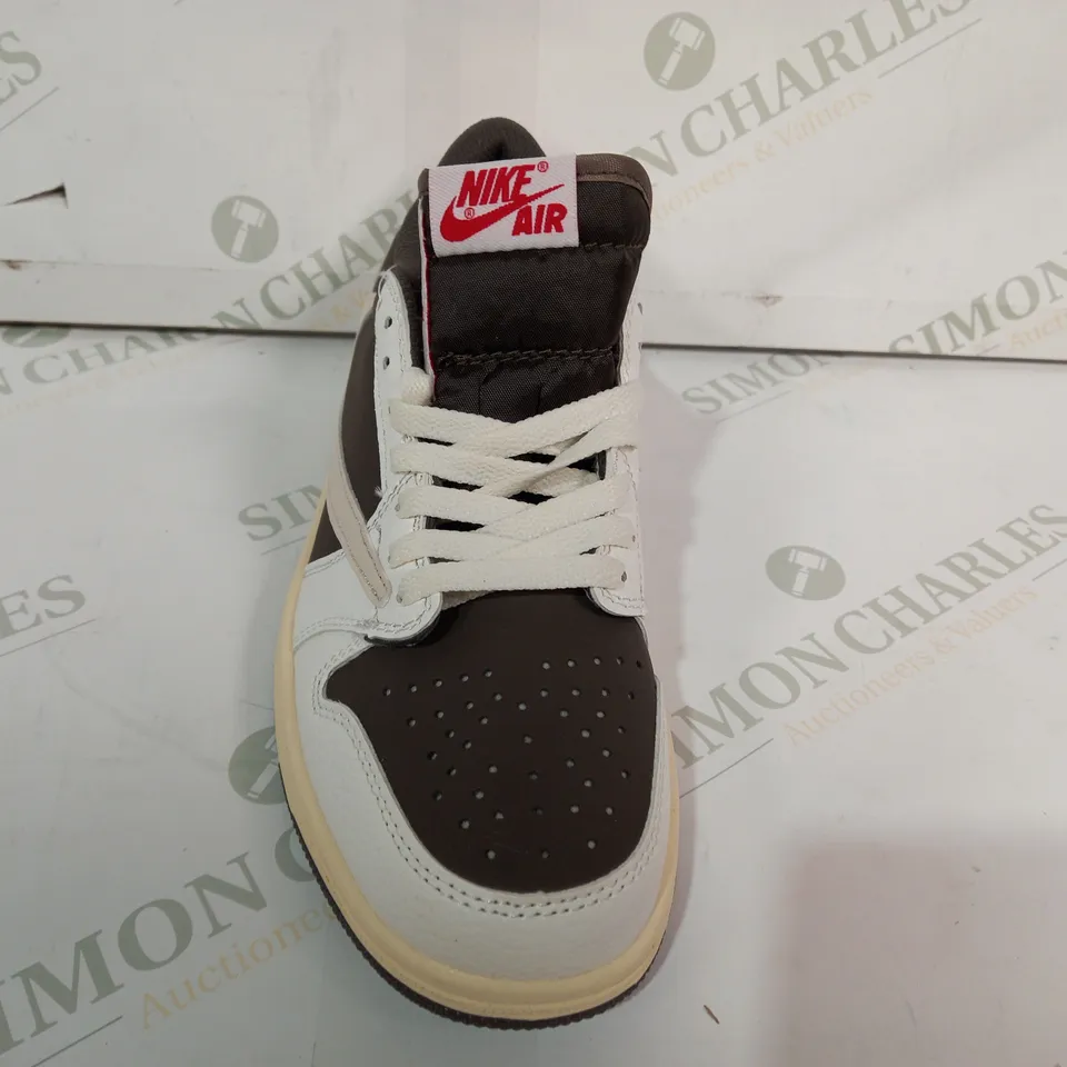 PAIR OF NIKE AIR JORDAN TRAVIS SCOTT SHOES IN DARK STONE/CREAM/WHITE UK SIZE 6