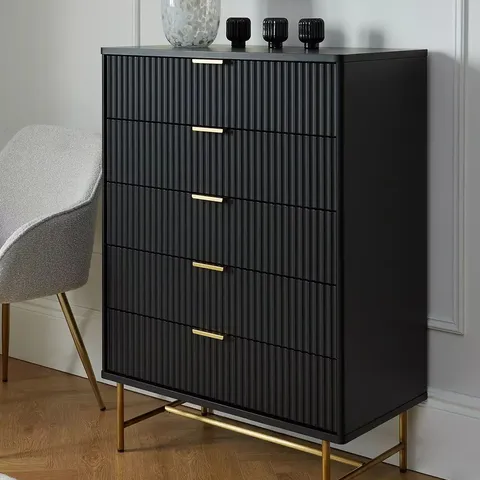 BOXED CORA 5 DRAWER CHEST - BLACK/BRASS (1 BOX)