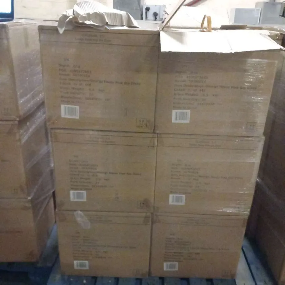 PALLET OF APPROXIMATELY 12 BOXES OF 24  BRAND NEW PINK 'CHIN CHIN TIME FOR GIN' GLASSES(APPROXIMATELY 288 GLASSES IN TOTAL)