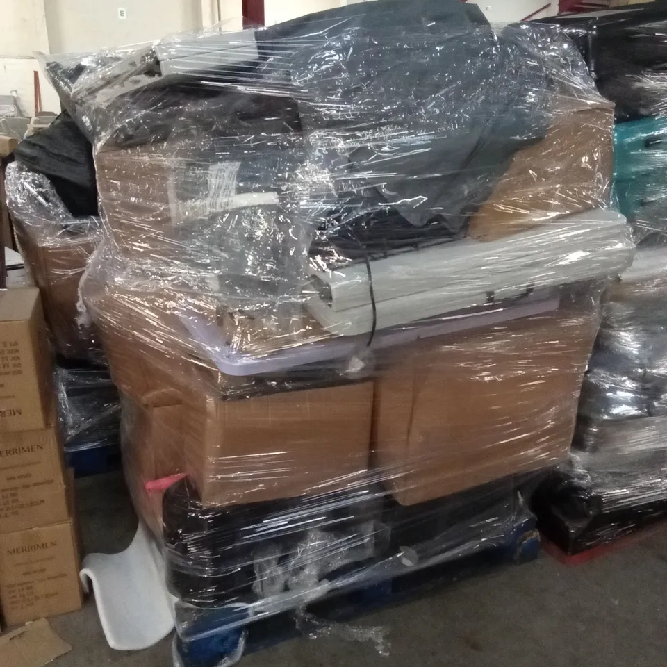 PALLET OF ASSORTED HOUSEHOLD GOODS AND PRODUCTS TO INCLUDE; FOLDING TABLES, BLANKETS, SUITCASE ETC