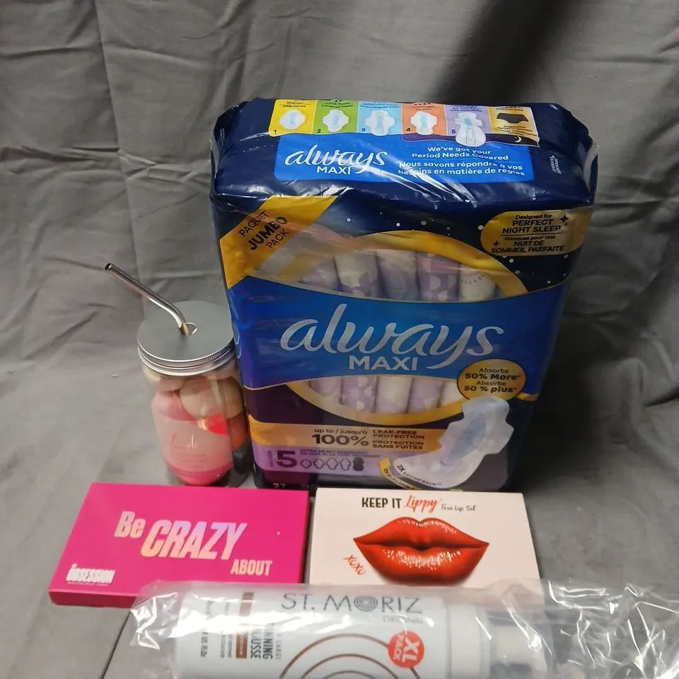 APPROXIMATELY 15 ASSORTED HEALTH & BEAUTY PRODUCTS TO INCLUDE ALWAYS MAXI, TANNING MOUSSE AND KEEP IT LIPPY