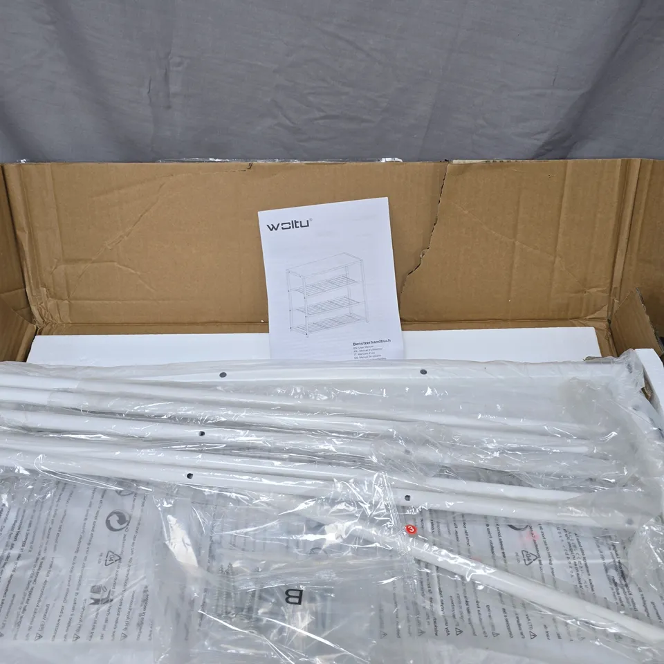 WOLTU 4-TIER WHITE METAL STORAGE SHELF UNIT – FLAT-PACK