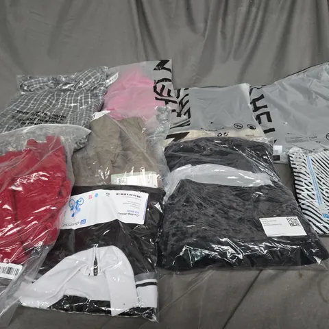 BOX OF ASSORTED CLOTHING ITEMS IN VARIOUS COLOURS, STYLE AND SIZES