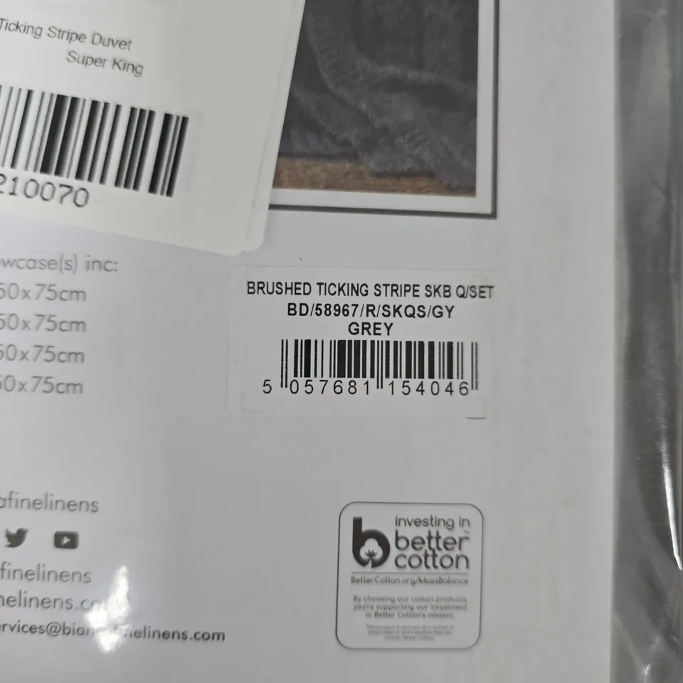 BIANCA FINE LINENS BRUSHED COTTON DUVET SET – TICKING STRIPE, GREY, SUPER KING