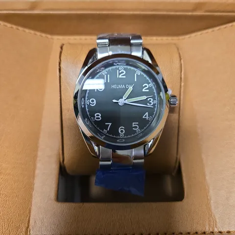 BOXED HELMA DH GREEN DIAL MEN'S SILVER QUARTZ WATCH