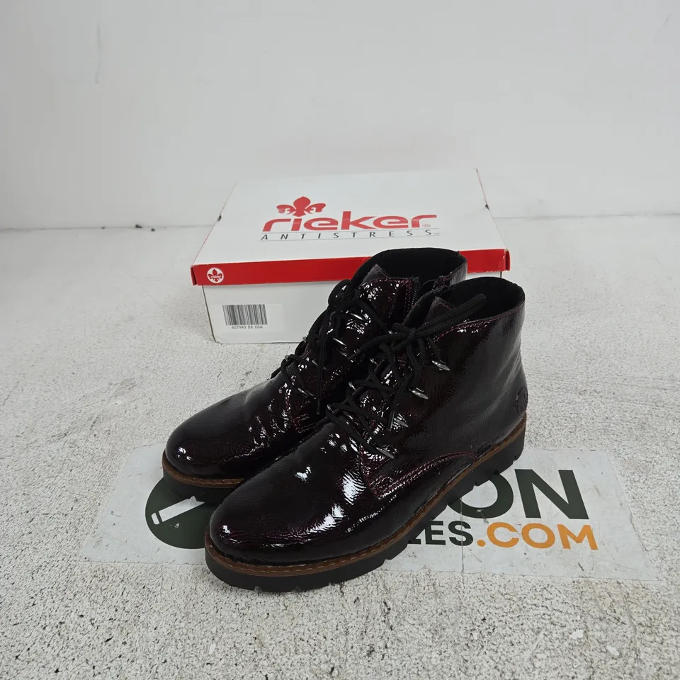 RIEKER WOMEN'S BURGUNDY PATENT LEATHER LACE-UP ANKLE BOOTS – UK 6.5 (EU 40)