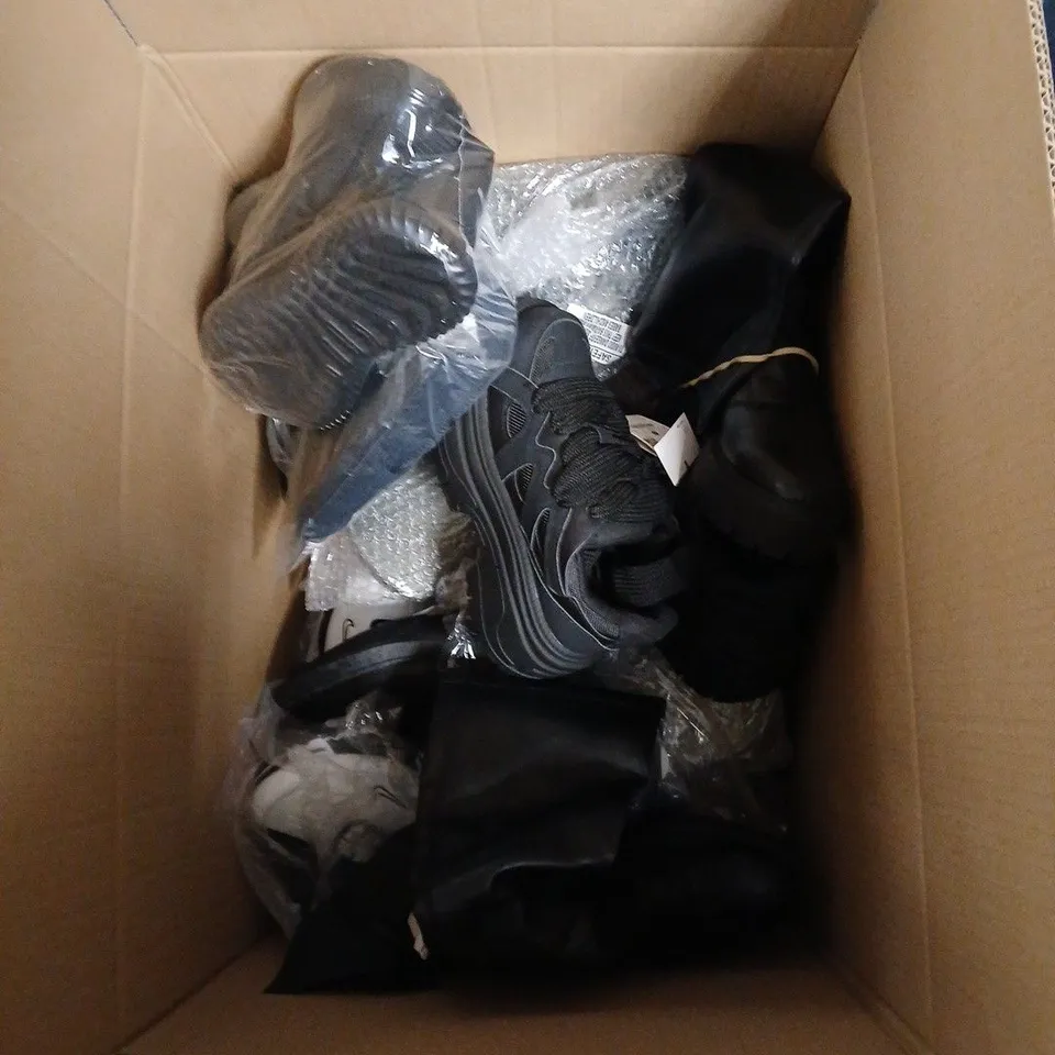 BOX OF APPROXIMATELY 20 ASSORTED PAIRS OF SHOES INCLUDING BLACK BOOTS, GREY SLIPPERS, WHITE TRAINERS ETC