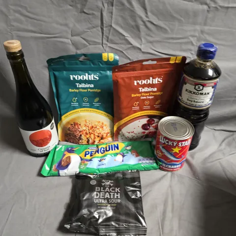 APPROXIMATELY 15 ASSORTED FOOD/DRINK PRODUCTS TO INCLUDE BARLEY FLOUR PORRIDGE, OLIVE OIL, SOY SAUCE ETC 