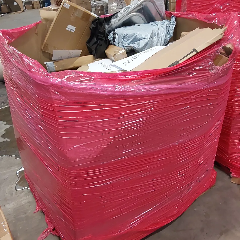 PALLET OF ASSORTED ITEMS INCLUDING MESH CHAIR, TOILET SEAT, CAR TYRE CLAMP, NON WOVEN FABRIC WARDROBE 