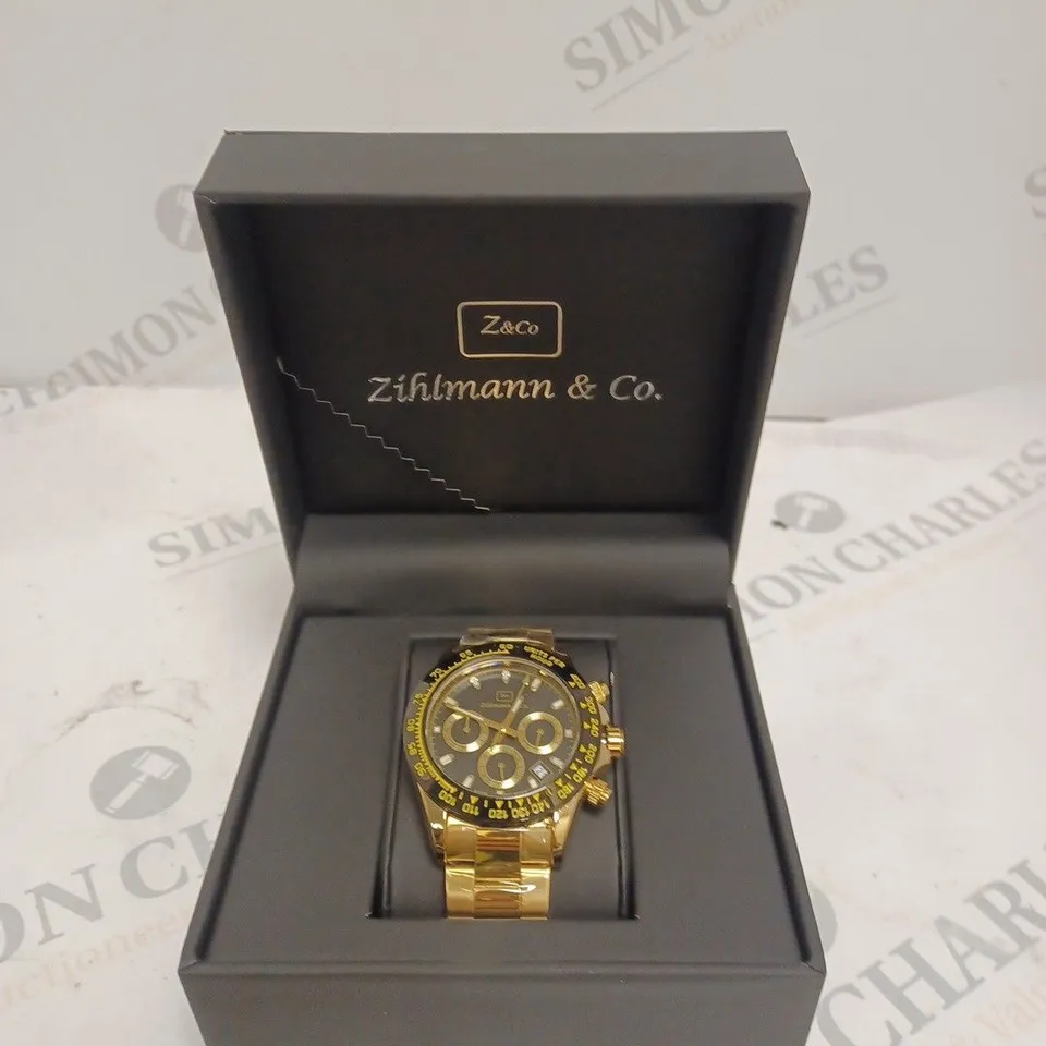MENS ZIHLMANN & CO Z400 WATCH – CHRONOGRAPH MOVEMENT – GOLD COLOUR STAINLESS STEEL STRAP – BLACK DIAL – 3ATM WATER RESISTANT