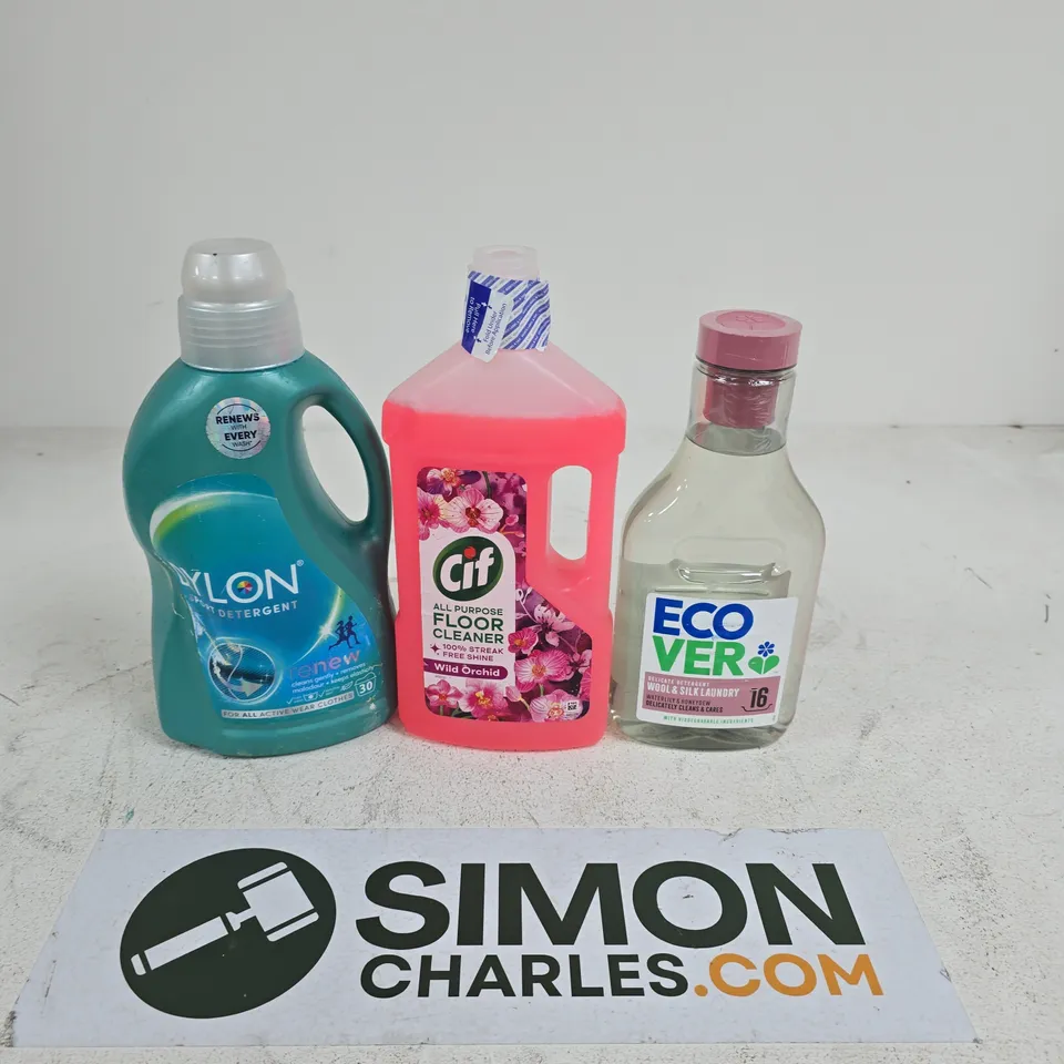 TOTE OF APPROXIMATELY 6 HOUSEHOLD LIQUIDS TO INCLUDE CIF FLOOR HEARING, DYLON DETERGENT AND ECOVER LAUNDRY DETERGENT