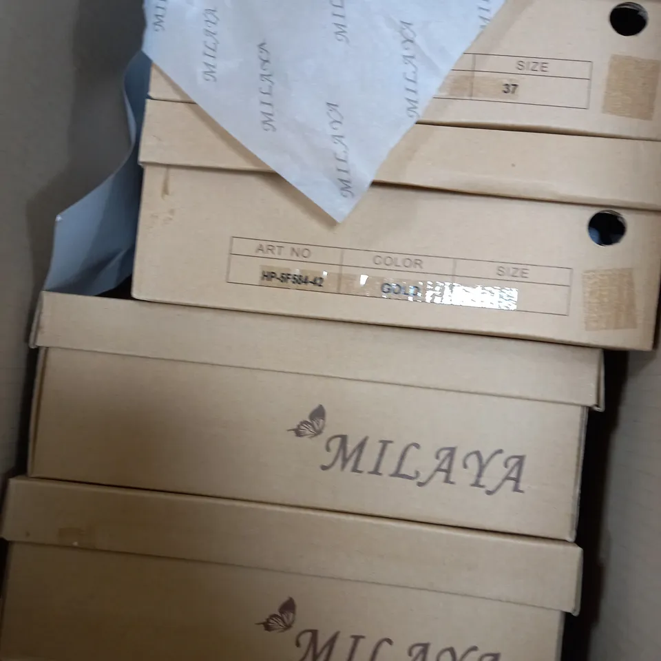 BOX OF 5 PAIRS OF MILAYA BLACK & GOLD HIGH HEELS 