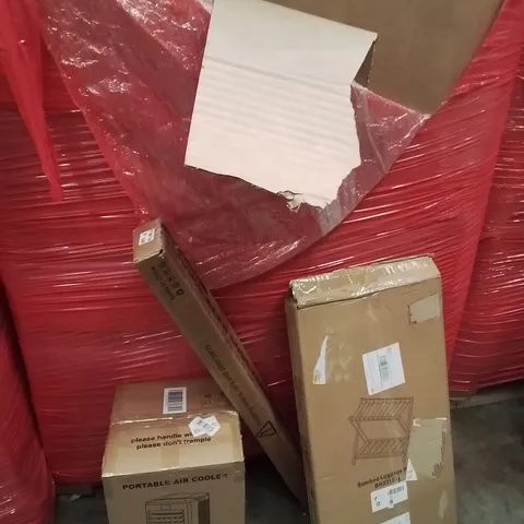 PALLET OF ASSORTED HOUSEHOLD GOODS AND PRODUCTS TO INCLUDE;AIR COOLER,SHOE RACK,SLIDING BARN DOOR HARDWARE