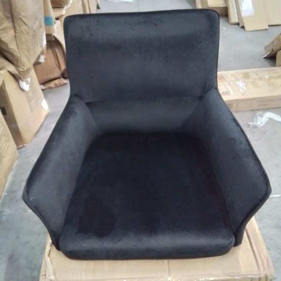 A BOXED PAIR OF BLACK VELVET UPHOLSTERED DINING CHAIRS