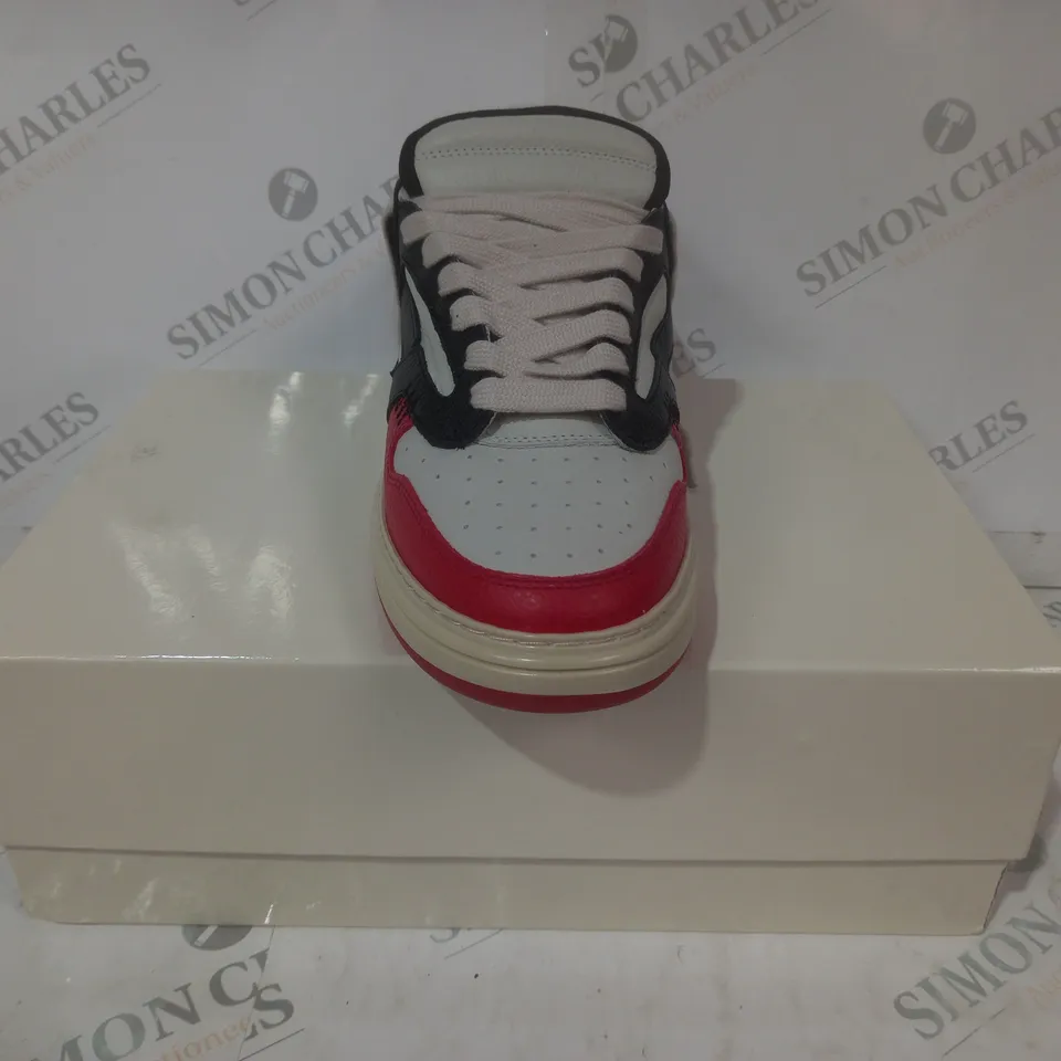 BOXED PAIR OF REPRESENT LEATHER SHOES IN BLACK/WHITE/RED UK SIZE 9